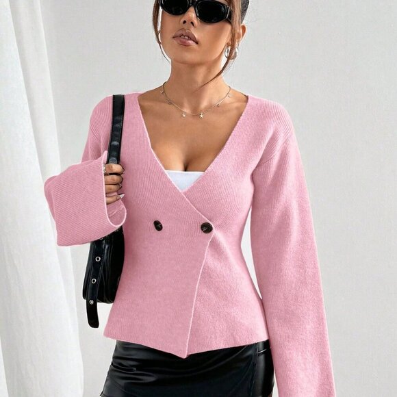Pink Casual Women's Waist-button Cinched knit Cardigan - Picture 5 of 7